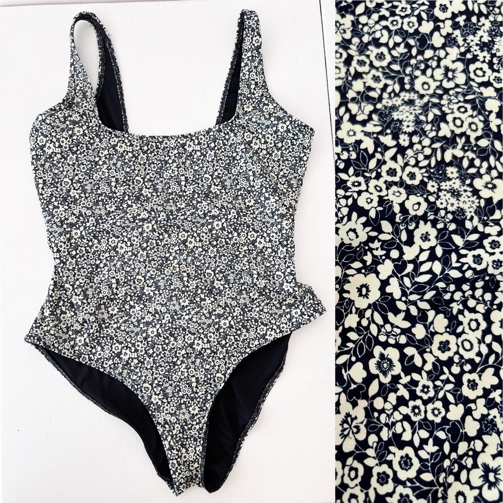 Everlane ReNew One Piece Swimsuit Navy Cream Floral Square Neck Large - Picture 2 of 7